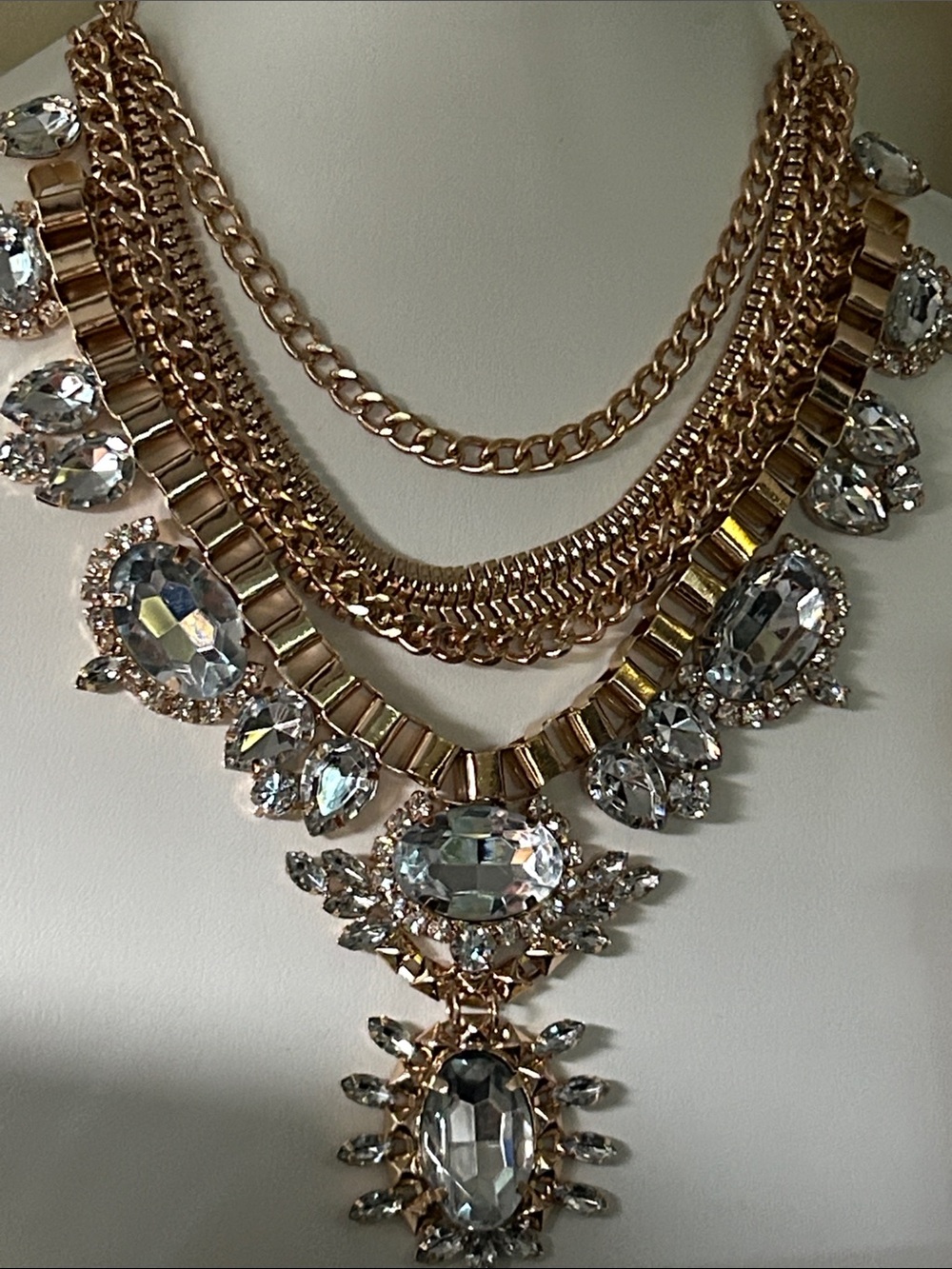 Gold Multi-Layer Statement Necklace with Clear Crystals